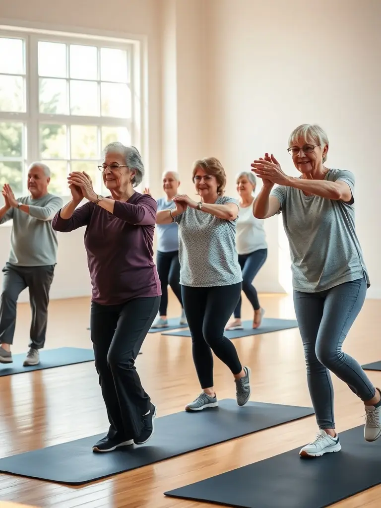 A photo of senior citizens participating in a gentle gymnastics session, emphasizing mobility, balance, and social interaction.
