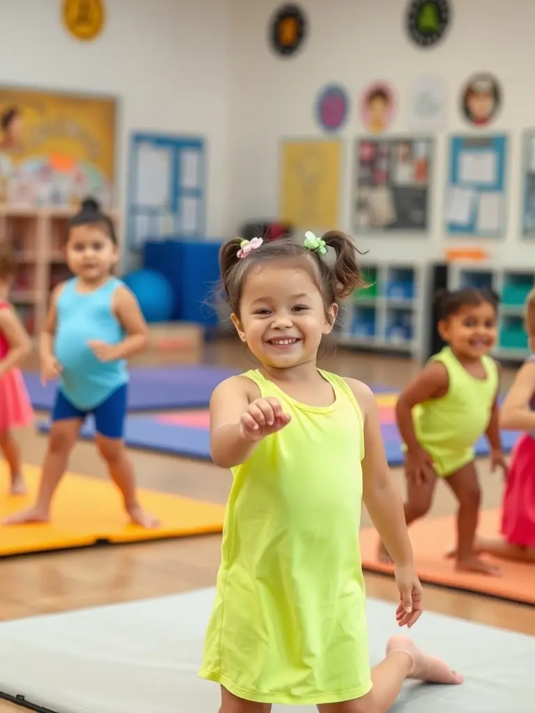 A group of children happily engaged in a beginner's gymnastics class, focusing on fundamental movements and coordination, symbolizing youth programs.