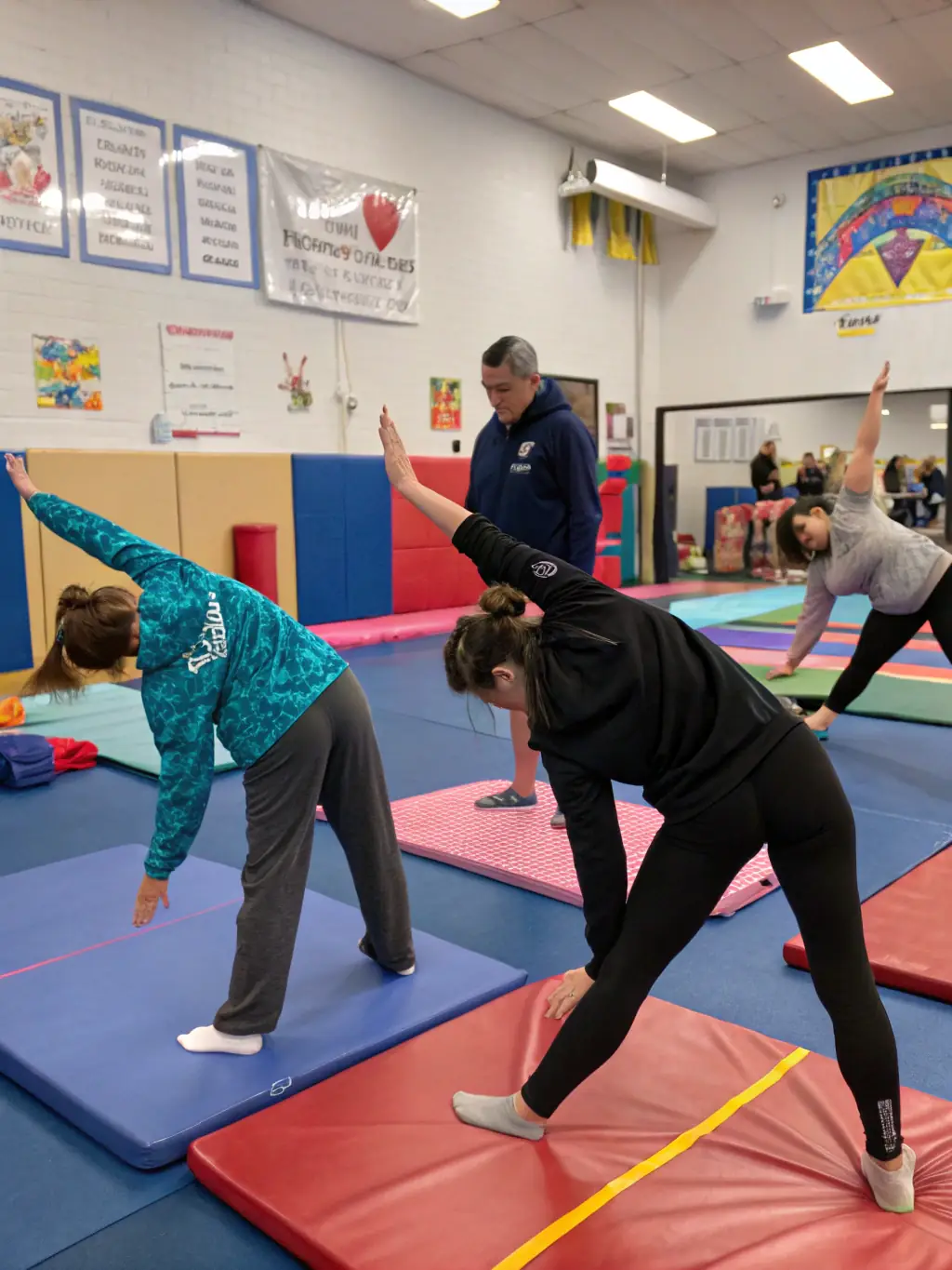 A photo of adults participating in a gymnastics class, demonstrating flexibility and strength exercises at GYMNASTIQUE LUNEROISE (GL).