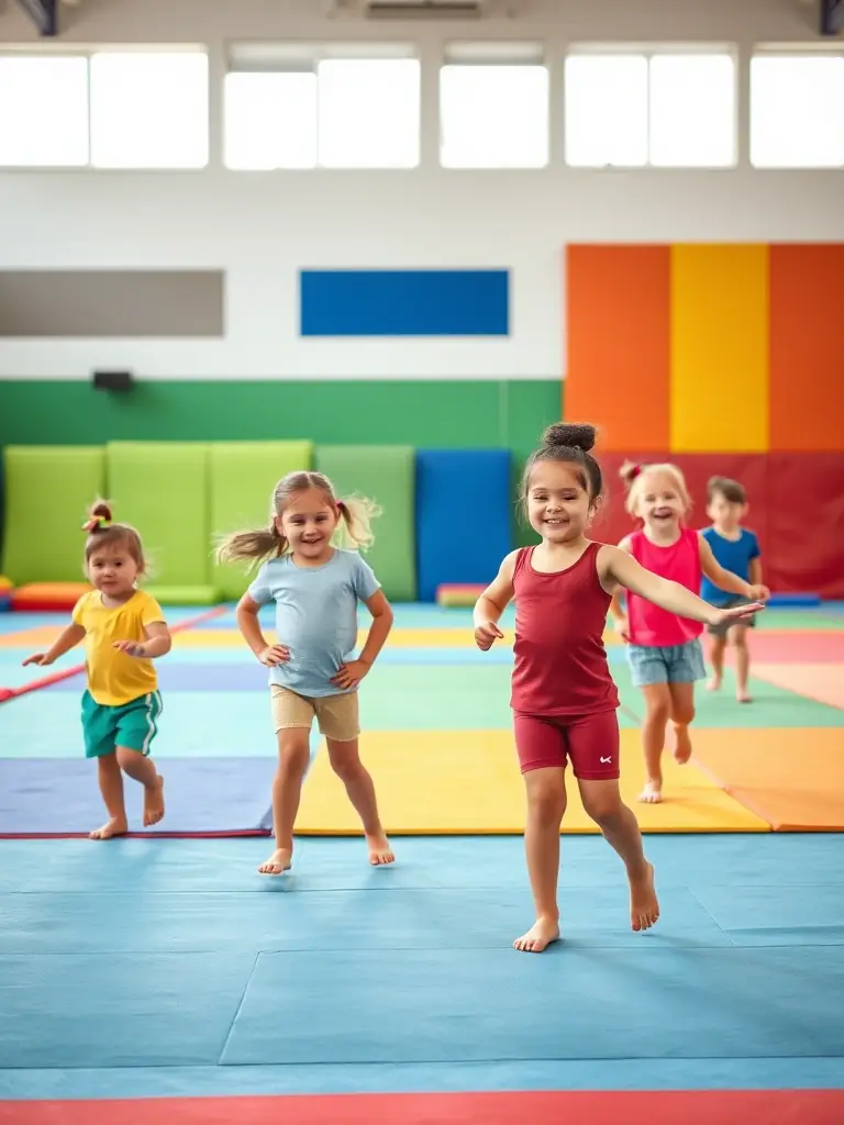 A vibrant image of young children participating in a beginner's gymnastics class, showcasing their enthusiasm and engagement in the activity at GYMNASTIQUE LUNEROISE (GL).