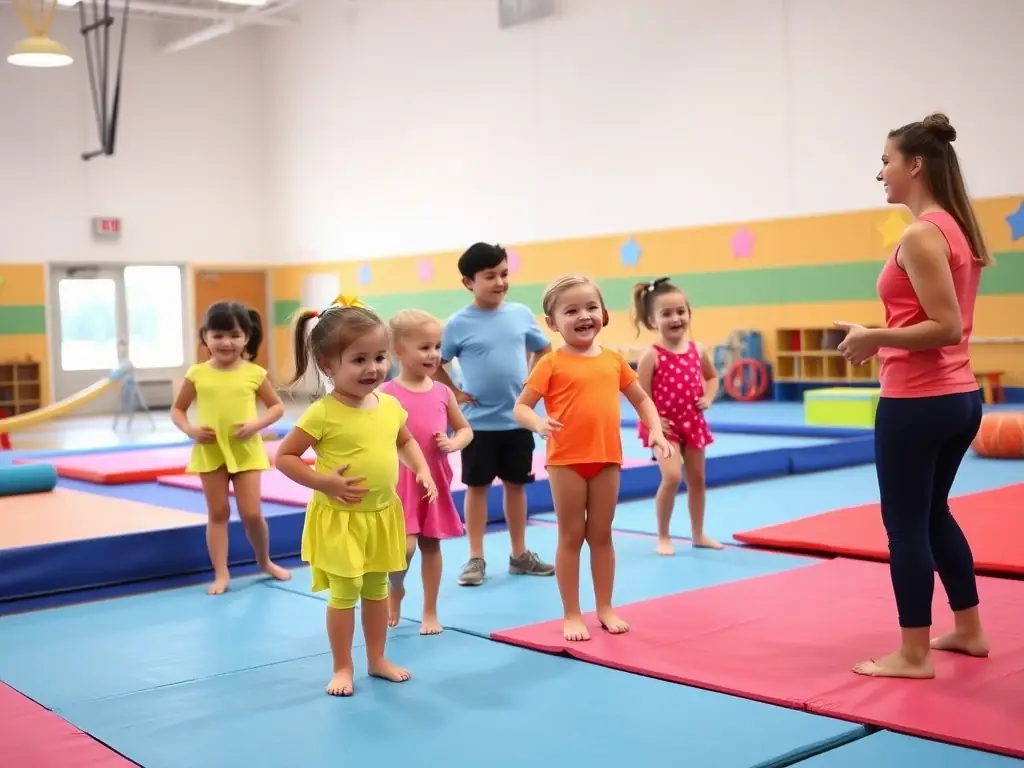 A group of young children participating in a beginner's gymnastics class, focusing on basic movements and coordination, with a qualified instructor guiding them in a safe and supportive environment.