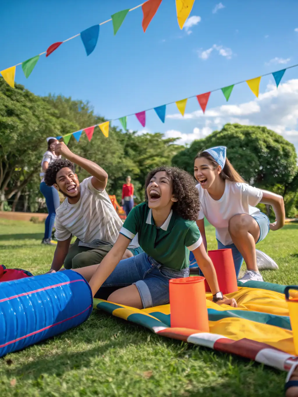 A lively image of a community gymnastics competition with participants, spectators, and event organizers celebrating together outdoors, representing Community Sports Events.