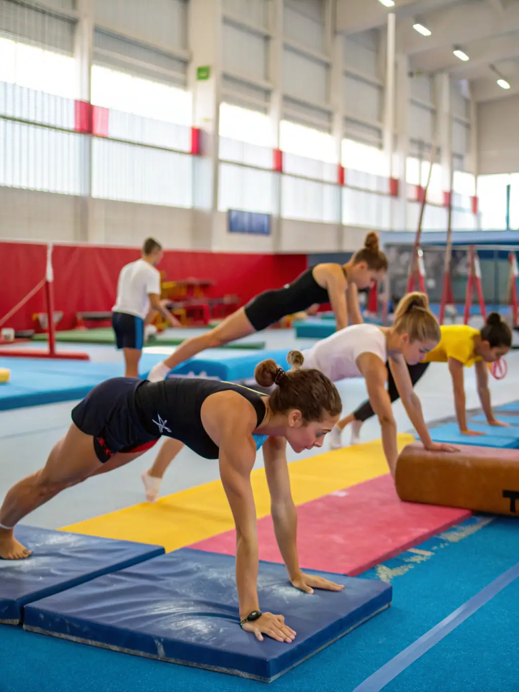 An image of teenagers practicing advanced gymnastics techniques, such as flips and balances, under the guidance of a qualified instructor at GYMNASTIQUE LUNEROISE (GL).