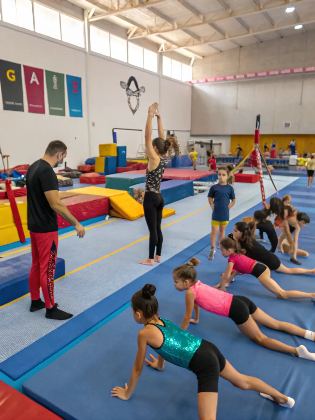 An image of a trainer instructing a group of community volunteers during a gymnastics workshop, with participants actively engaged, showcasing Training for Animators and Encadrants.