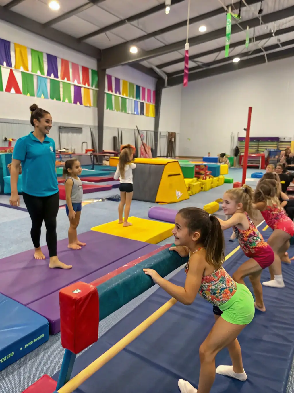 A vibrant image of children participating in a beginner's gymnastics class, showcasing their enthusiasm and engagement with the activity.