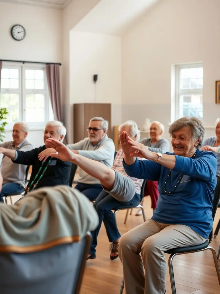 An image of senior citizens engaging in gentle gymnastics exercises, promoting mobility and balance at GYMNASTIQUE LUNEROISE (GL).