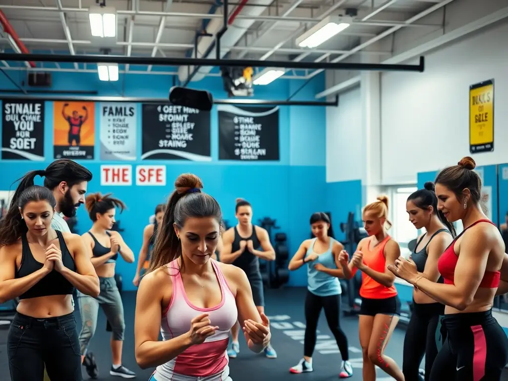 A photograph of adult participants engaged in a gymnastics class, showcasing strength, flexibility, and balance exercises, with an instructor providing guidance and encouragement.
