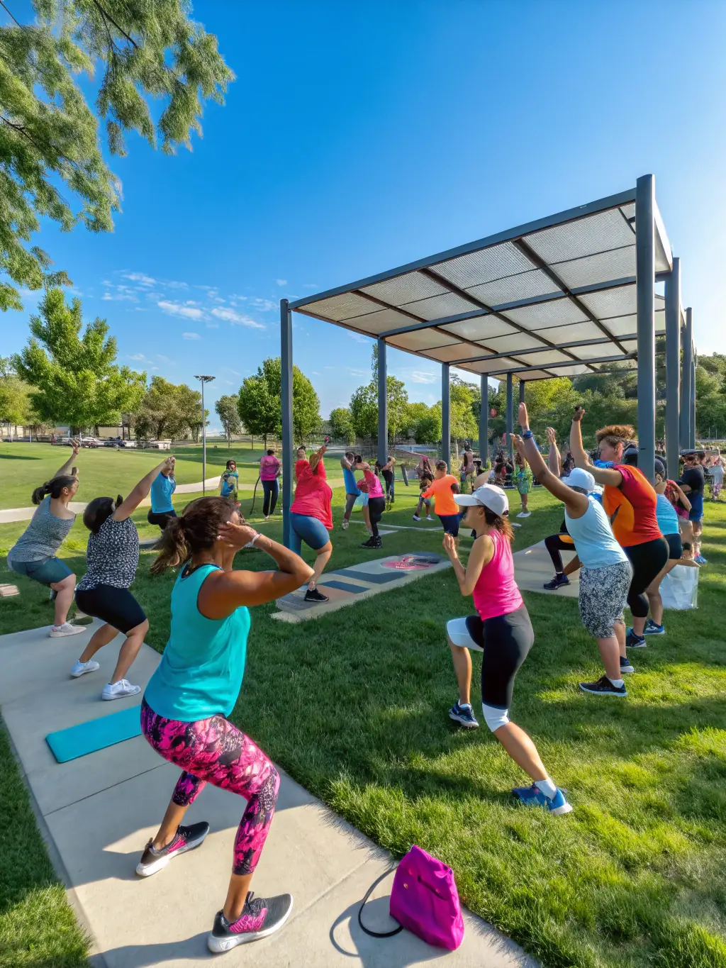 A vibrant image of diverse community members participating in a gymnastics class outdoors, smiling and engaging in activities together, representing the Community Gymnastics Programs.